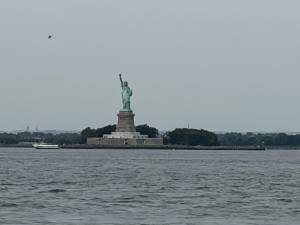 A boat that capsized in the New York Harbor near Liberty Island on Aug. 8 killed a mother and her baby. Here, Liberty Island is seen from Valentino Pier, Red Hook, Brooklyn, on the morning of Aug. 10.