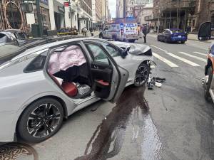 Air bags deployed when the driver of a stolen Kia slammed into a ride share car on the corner of Madison and E. 36th St. on March 5. The alleged car thief was nabbed after trying to flee on foot.