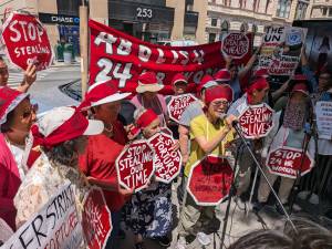 “No More 24” Bill Stalls, again, to the ire of protestors on Brodway outside City Hall on Aug. 5.