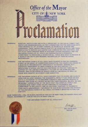 Proclamation for The Unitarian Church of All Souls Day, from Mayor Bill de Blasio.