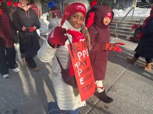 This nurse on the picket line outside Mount Sinai Wesst said she was campaigning for PPE: pay, protection of health benefits and enough staff to keep nurses and patients safe.
