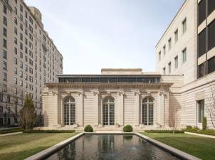 View from 70th Street Garden looking west to Reception Hall, The Frick Collection, New York.