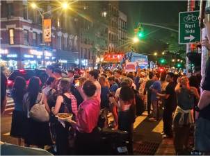 Traffic was temporarily blocked on Avenue A with fans chanting “Knicks, Knicks, Knicks” and “Go New York, Go New York, Go!” after the home teams miraculous win over the Spurs in Game 4 of the NBA Playoffs.