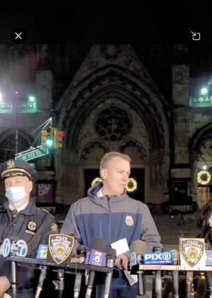 Police Commissioner Dermot Shea addresses the media on Sunday evening at the Cathedral of St. John the Divine. Photo: NYPD News on Twitter
