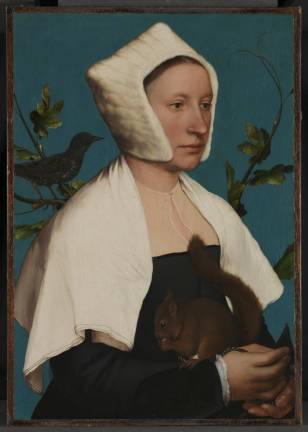 Hans Holbein the Younger (1497/98 - 1543). “A Lady with a Squirrel and a Starling (AnneLovell?)” ca. 1526 - 28. Oil on panel 29 3/4 × 23 1/6 ×4 1/16 in. (75.5 × 58.5 10.3 cm). National Gallery, London, NG6540. © The National Gallery, London