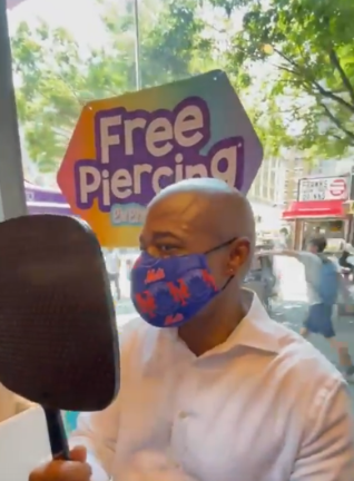 “Day one, living up to my promises.” Screenshot of Eric Adams after getting his ear pierced to keep a promise to a young man. Photo via @ericadamsfornyc on Twitter