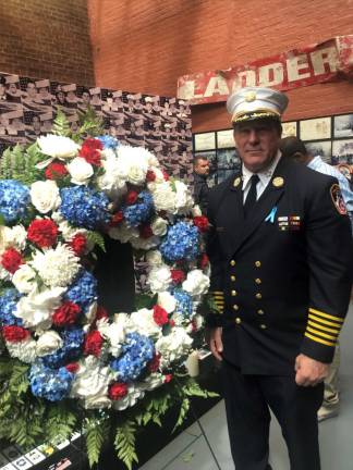 FDNY Chief of Department John Hodgens, who was on duty at Ladder Co. 157 on the morning of 9/11, at the wreath laying memorial service at the NYC Fire Museum to mark the 22nd anniversary of 9/11. Photo: Keith J. Kelly