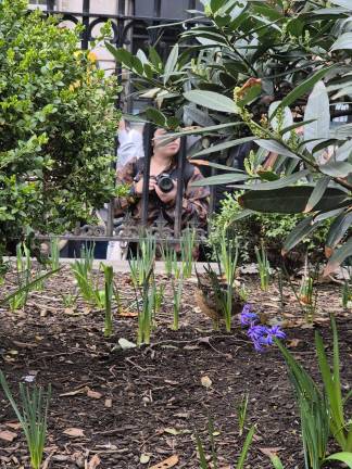 Woman with a camera stands in front of woodcock bird to take photos