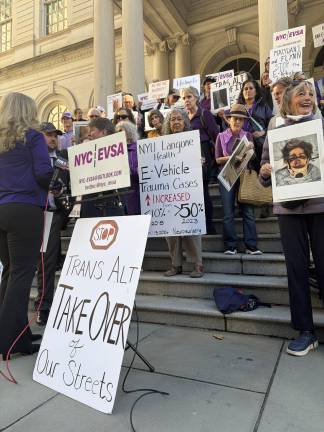 E-bike violence protesters and their signs at City Hall, Sept. 27.