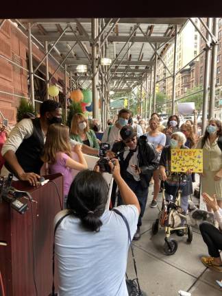 A Lucerne resident speaks at a press conference organized by UWS Open Hearts in September. Photo: Alexis Gelber