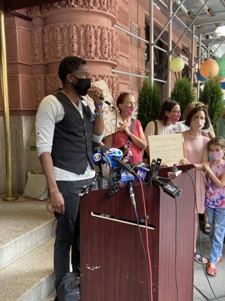 Public Advocate Jumaane Williams at the Wednesday morning press conference at The Lucerne. Photo: Alexis Gelber