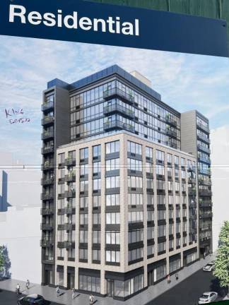 A rendering of a ten-story mixed-use building which will go up at 280 W. 8th Ave. It is currently undergoing excavation.