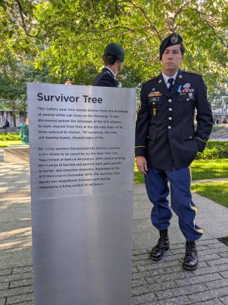 U.S. Army Green Beret soldier standing near the Survivor Tree; the presence of many Green Berets was to honor former Green Beret Ronald Paul Buca, who died as an FDNY Fire Marshal on 9/11.
