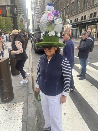 No egg shortage for Claudia Quintana, who built a hat in the shape of a huge Fabergé egg circled by a motorized bunny on a scooter.