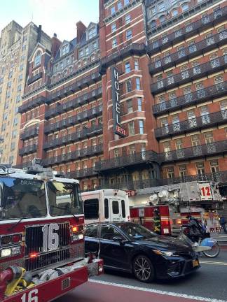 <b>Firetrucks at the Chelsea Hotel after a two alarm blaze erupted on Nov. 2.</b>