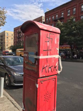 A police and fire call box on the Upper West Side, near West 104th Street and Columbus Avenue, was vandalized with a swastika and &#x201c;KKK&#x201d; in October 2018. Photo: Office of Council Member Mark Levine
