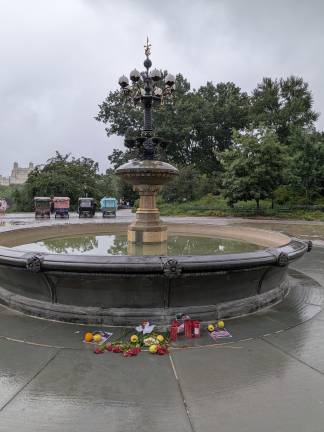 Bethesday Fountain with Romanch Mahajan memorial still in place, July 30, 2026.