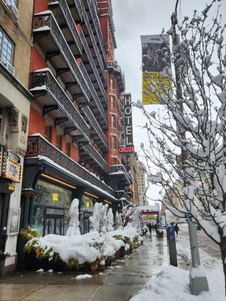 The famed Chelsea Hotel on W. 23rd St. as the snow began to taper off on Feb. 23.