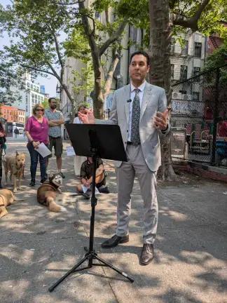 Christopher Marte announcing a new dog run to be built at Captain Jacob Joseph Park on Rutgers Street, June 5, 2025.