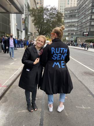 On Saturday’s early voting line on the Upper West Side, Hannah Epstein (left) and Lisa Deutsch came dressed up to vote. Photo: Alexis Gelber