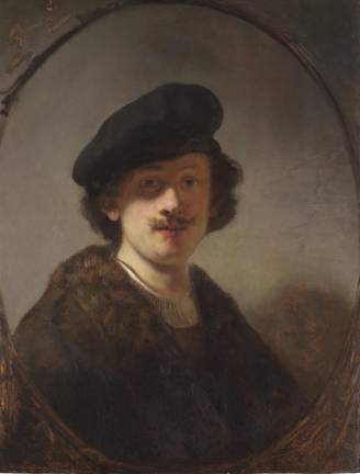 Rembrandt van Rijn’s “Self-Portrait with Shaded Eyes,” 1634, Oil on panel, on loan from the Leiden Collection will be on view in “Old Masters, New Amsterdam” at the New York Historical.