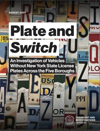 Cover of “Plate and Switch: An Investigation of Vehicles Without New York State License Plates Across the Five Boroughs.”