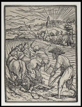 Hans Lützelburger (1495? - 1526), after designs by Hans Holbein the Younger (1497/98 - 1543). “Death and the Plowman,” ca. 1526. Woodcut2 9/16 x 1 15/16 in. (6.5 x 4.9 cm). The Metropolitan Museum of Art, New York, 19.57.37. © The Metropolitan Museum of Art. Image source: Art Resource, NY
