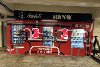 A newly-installed vending machine at the 2 Avenue (F train) subway station, one out of 26 total planned vending machines selling beverages and snacks to be introduced by MTA across the city.