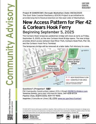 Community Advisory for Corlears Hook Ferry and Pier 42 access, September 2025.