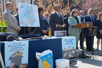 <b>Mayor Eric Adams announces the appointment of Kathleen Corradi (at mic) as the city’s first-ever citywide director of rodent mitigation, also known as the ‘rat czar' during a press conference in St. Nicolas Park in Harlem on Wednesday, April 12, 2023.</b> Photo: Michael Appleton/Mayoral Photography Office