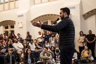 Zohran Mamdani Speaking at a Democratic Socialists of America meeting at the Church of the Village in NYC in November 2024.