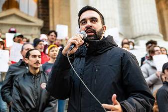 Zohran Mamdani speaking at a Resist Fascism rally in Bryant Park on Oct. 27, 2024.