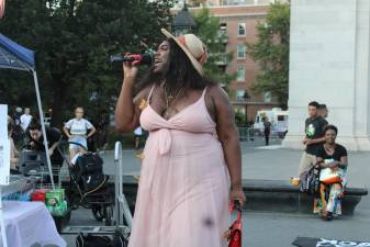 Qween Jean speaking at rally for Marsha P. Johnson’s 77th birthday in Washington Square Park. Photo: Gaby Messino