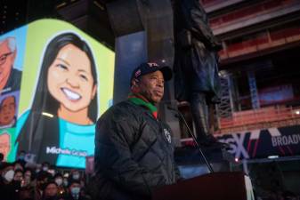 Mayor Eric Adams delivers remarks at the vigil for Michelle Alyssa Go in Times Square on Tuesday, January 18, 2022. Photo: Michael Appleton/Mayoral Photography Office