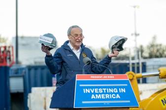 Senator Chuck Schumer said the federal government is increasing its funding of the Hudson rail bridge known as the Gateway Project to 70 percent at a groundbreaking ceremony on Nov. 3. Photo: Susan Watts/Office of Governor Kathy Hochul