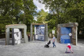 “Doors for Doris,” Sam Moyer, 2020, Bluestone, poured concrete, assorted marble, and steel. Presented by Public Art Fund at Doris C. Freedman Plaza, September 16, 2020—September 12, 2021. Courtesy Sam Moyer Studio and Sean Kelly, New York. Photo: Nicholas Knight, Courtesy Public Art Fund, NY