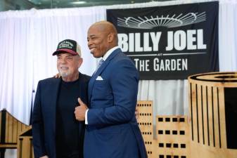Billy Joel and Mayor Eric Adams, pictured at a press conference that had the “Piano Man” announcing that he will be ending his decade-long MSG residency next summer. Photo: Michael Appleton/Mayoral Photography Office