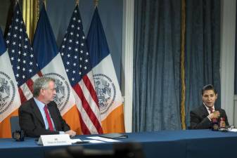 Mayor Bill de Blasio and Schools Chancellor Richard A. Carranza discussed school reopening plans at City Hall on Friday, July 31, 2020. (Photo: Ed Reed/Mayoral Photography Office)