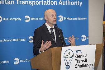 Andy Byford on Friday, March 9, 2018, when he was the NYC Transit president, announcing eight winners of the MTA Genius Transit Challenge.