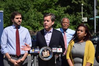 State Sen. Brad Hoylman, flanked by Sens. Andrew Gounardes and Robert Jackson and District 10 candidate Johanna Garcia. Photo: Emily Higginbotham