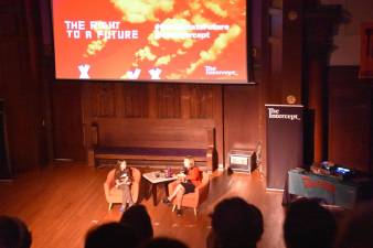 Greta Thunberg (left) with Naomi Klein at the New York Society for Ethical Culture.