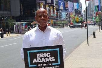 Eric Adams in Times Square last week at the site an anti-Semitic attack, adding “my voice to the chorus of New Yorkers speaking out against hatred &amp; violence.” Photo via Eric Adams on Twitter