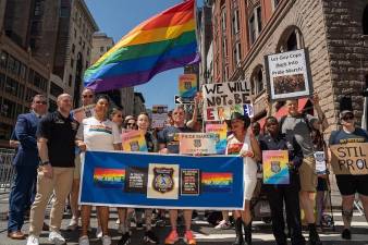 Gay Officers Action League protest the exclusion of gay NYPD officers near start of Heritage of Pride Parade, June 29.