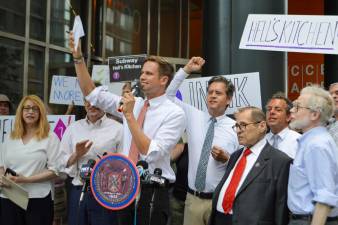 Council Member Erik Bottcher (at podium) hosted a rally with Assembly Members Linda Rosenthal (left) and Dick Gottfried (far right), State Senator Brad Hoylman (right of Bottcher), Congressman Jerrold Nadler (second from right) and others. Photo: Abigail Gruskin