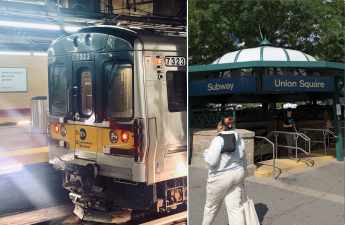 Left: A Long Island Rail Road train at Penn Station. Right: Union Square subway entrance.