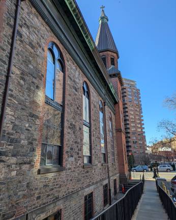 Church of St. Mary’s fieldstone looking south towards Grand Street.
