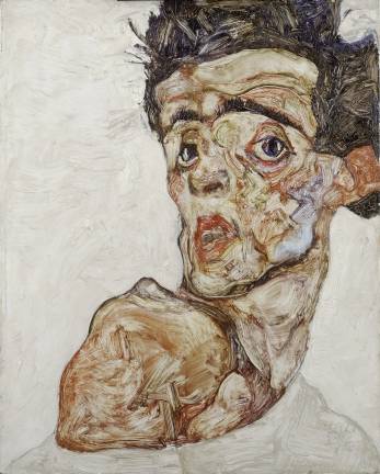 Egon Schiele (1890-1918), "Self-Portrait with Raised Bare Shoulder," 1912. Oil on wood. 42.2 x 33.9 cm (16 5/8 x 13 3/8 in.) Leopold Museum, Vienna.
