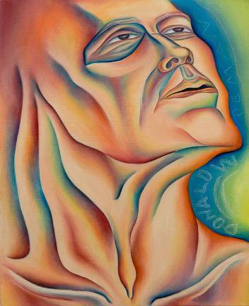 In &#x201c;Donald (Woodman) as Woeman&#x201d; 1986, Chicago responded to her husband&#x2019;s call for art that questioned male gender constructs and stereotypes. Sprayed acrylic and oil on canvas, 20 x 16 x 1.5 inches. Photo: Adel Gorgy.