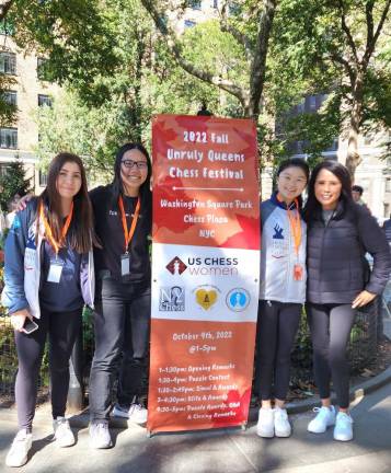 From left to right: Co-founders Yassi Ehsani, Evelyn Zhu and Ellen Wang with Kimberly Woo, member of US Chess Women Committee. Photo courtesy of Unruly Queens