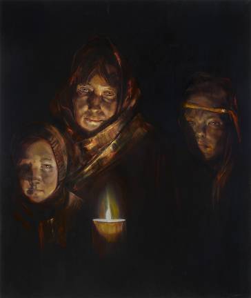 This painting is called the “Mariupol Diary” and shows the family of Egor, Elena and Veronica hiding from Russian attacks.
